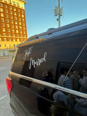 An SUV decorated and marked Just Married
