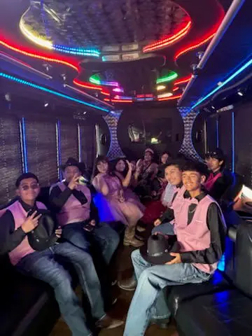 Party bus riders in their seats